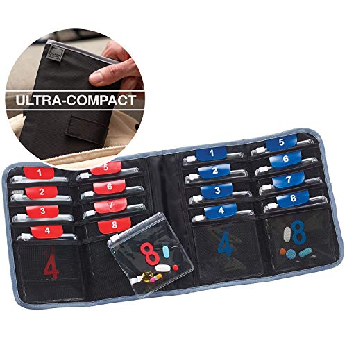 Lewis N. Clark AM/PM Folding Pill Organizer + Supplement Case for OTC Medicine, Prescription + Vitamins - 16 Slot Pouch, Black