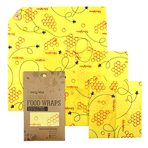 HomValor Beeswax Wraps-Set of 3 Reusable Bees Wax Food Wraps, Zero Waste Sustainable Storage for Sandwich, Cheese, Fruit, Bread, Snacks | Eco Friendly Alternative to Plastic Bags, Cling Wrap