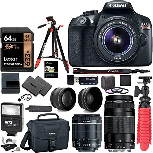 Canon EOS Rebel T6 DSLR Camera Kit, EF-S 18-55mm is II Lens, EF 75-300mm III Lens, RitzGear Wide Angle, Telephoto Lens, 64GB and Accessory Bundle