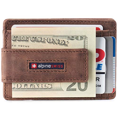 Alpine Swiss Harper Mens RFID Slim Front Pocket Wallet Magnetic Money Clip ID Card Holder Leather Distressed Brown