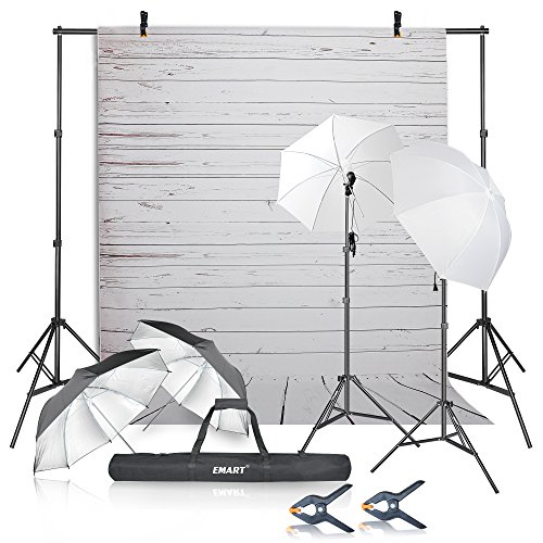 Emart Photography Umbrellas Continuous Lighting Kit, 400W 5500K, 10ft Backdrop Support System with Vinyl Plastic White Wood Floor Background Screen for Photo Video Studio Shooting