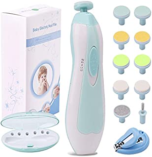 Baby Nail File Electric Nail Trimmer Manicure Set with Nail Clippers, Toes Fingernails Care Trim Polish Grooming Kit Safe for Infant Toddler Kids or Women, LED Light and 10 Grinding Heads (White/Teal)