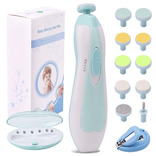 Baby Nail File Electric Nail Trimmer Manicure Set with Nail Clippers, Toes Fingernails Care Trim Polish Grooming Kit Safe for Infant Toddler Kids or Women, LED Light and 10 Grinding Heads (White/Teal)