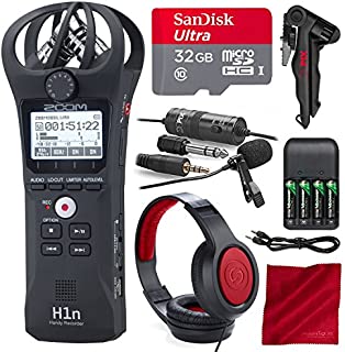 Zoom H1n Digital Handy Portable Recorder and 32GB Premium Accessory Bundle with Xpix Pro Lavalier Mic + Headphones + Tripod + 4X AAA Batteries & Charger + Fibertique Cloth + Cable