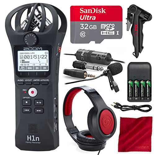 Zoom H1n Digital Handy Portable Recorder and 32GB Premium Accessory Bundle with Xpix Pro Lavalier Mic + Headphones + Tripod + 4X AAA Batteries & Charger + Fibertique Cloth + Cable