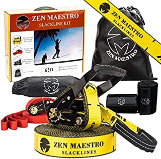 Zen Maestro Slackline kit Complete with Tree & Ratchet Protectors, Training line, arm Trainer, Carry Bag, Slack line Booklet- Outdoor Fun for Kids & Adults. 65 ft & Easy to Set up.