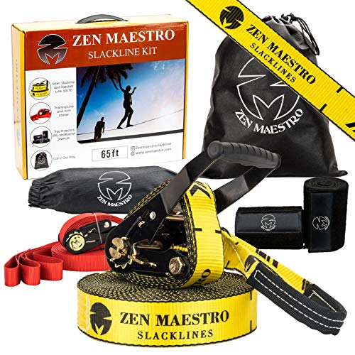 Zen Maestro Slackline kit Complete with Tree & Ratchet Protectors, Training line, arm Trainer, Carry Bag, Slack line Booklet- Outdoor Fun for Kids & Adults. 65 ft & Easy to Set up.