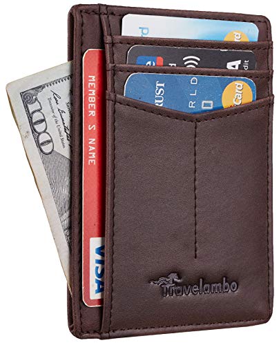 Travelambo RFID Front Pocket Minimalist Slim Wallet Genuine Leather Small Size (CH Crazy Horse Coffee)