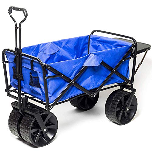 Collapsible Folding Wagon Beach Cart with Big Wheels for Beach, Outdoor Camping, Sports, Garden, Sand and Utility with Side Table, All-Terrain Heavy Duty Foldable Push and Pull Wagon