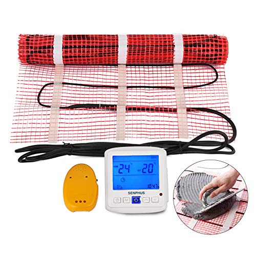 Happybuy 40 Sqft 120V Electric Radiant Floor Heating Mat with Alarmer and Programmable Floor Sensing Thermostat Self-Adhesive Mesh Underfloor Heat Warming Systems Mats Kit (40Sqft Kit)