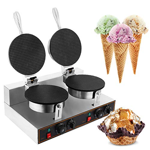 WICHEMI Electric Ice Cream Cone Waffle Maker Machine Double Head 1200W Stainless Steel Nonstick Temperature and Time Control Electric Waffle Cone Machine for Commercial Home Use