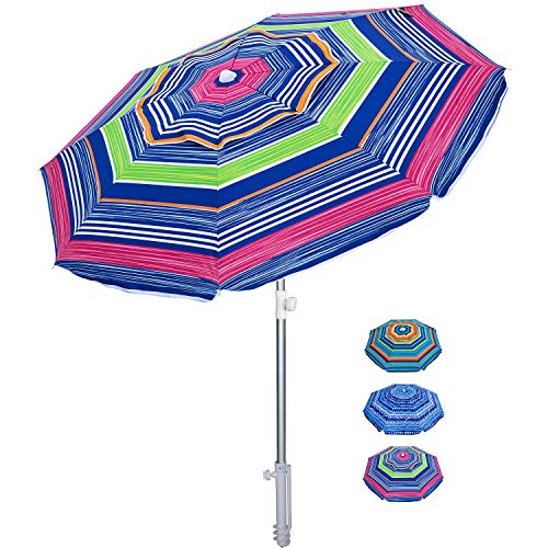 AMMSUN Beach Umbrella 6.5ft Umbrella with Sand Anchor & Tilt Aluminum Pole for Holiday, UV 50+ Portable Beach Umbrella with Carry Bag for Beach Patio Garden Outdoor (Green Stripe)