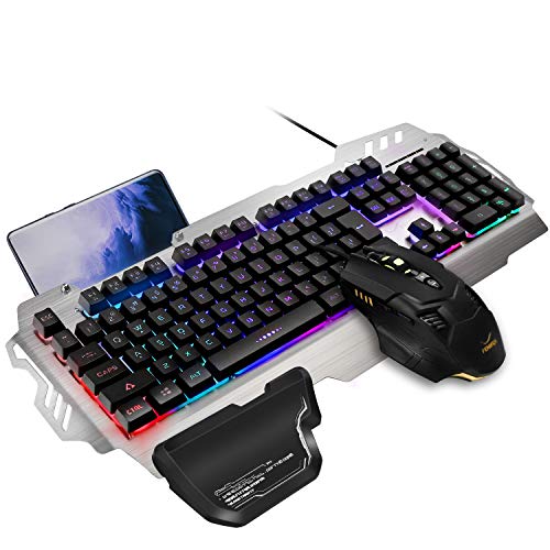 FENIFOX Gaming Keyboard and Mouse, Wired Backlit Rainbow Ergonomic Mechanical Feeling Led Removable Hand Rest Metal Panel,for Windows PC Gamer PS4 Xbox one