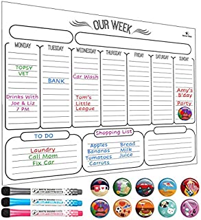 Dry Erase Weekly Calendar - Weekly Dry Erase Board - Magnetic Weekly Planner - Stain Resistant Nano Technology - Bonus 3 Fine Tip Magnetic Markers and Eraser, 10 Highlight Icons, 16 inch x 12 inch