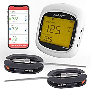 Smart Bluetooth BBQ Grill Thermometer Upgraded Stainless Dual Probes Safe to Leave in Outdoor Barbecue Meat Smoker Wireless Remote Alert iOS Android Phone WiFi App NutriChef PWIRBBQ80