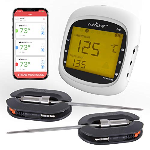 Smart Bluetooth BBQ Grill Thermometer Upgraded Stainless Dual Probes Safe to Leave in Outdoor Barbecue Meat Smoker Wireless Remote Alert iOS Android Phone WiFi App NutriChef PWIRBBQ80