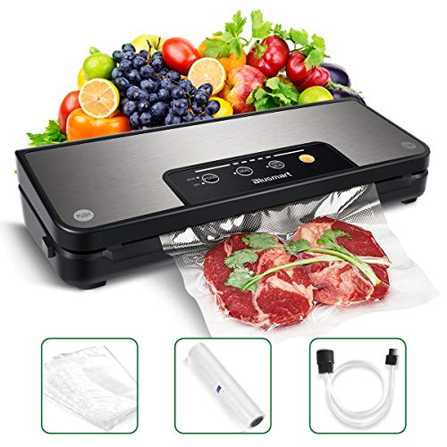 Vacuum Sealer Blusmart 80Kpa Stainless Steel Food Sealer Machine Air Sealing Systemfor Food Saver Storage with Dry and Moist Modes Starter Kit with Holder, Roll/Bags & Hose