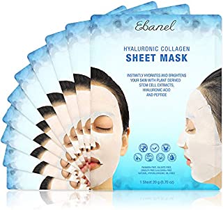 Ebanel 10 Pack Korean Collagen Face Mask Sheet, Deep Moisturizing Instant Hydrating Hyaluronic Acid Facial Masks for Skin Brightening Anti-Aging Anti-Wrinkle with Stem Cell Extracts and Peptide