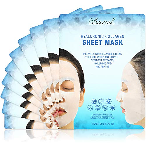 Ebanel 10 Pack Korean Collagen Face Mask Sheet, Deep Moisturizing Instant Hydrating Hyaluronic Acid Facial Masks for Skin Brightening Anti-Aging Anti-Wrinkle with Stem Cell Extracts and Peptide