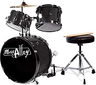 Music Alley 3 Piece Kids Drum Set with Throne, Cymbal, Pedal & Drumsticks, Metallic Black, (DBJK02-BK)