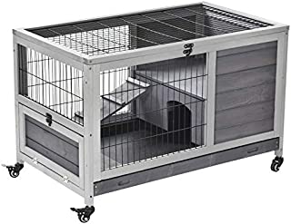 PawHut Wooden Indoor Rabbit Hutch Elevated Cage Habitat with Enclosed Run with Wheels, Ideal for Rabbits and Guinea Pigs