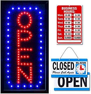 Ultima LED Neon Open Sign for Business: Vertical Lighted Sign Open with Flashing Mode  Indoor Electric Light up Sign for Stores (19 x 10 in) Includes Business Hours and Open & Closed Signs