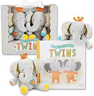 We are Twins - Baby and Toddler Twin Gift Set- Includes Keepsake Book and Set of 2 Plush Elephant Rattles for Boys and Girls. Perfect for Newborn Infant - Baby Shower - Toddler Birthday  Christmas