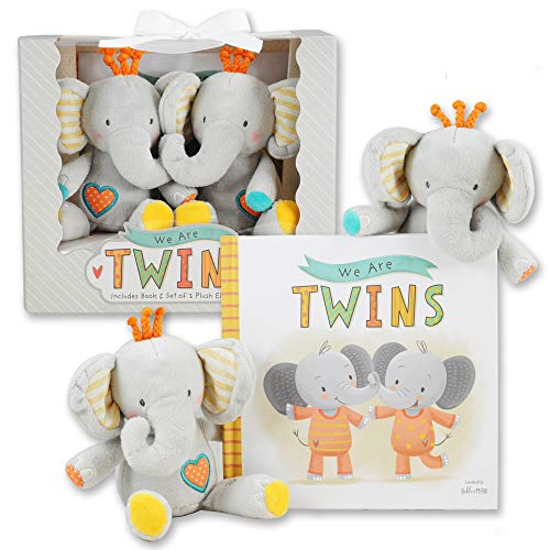 We are Twins - Baby and Toddler Twin Gift Set- Includes Keepsake Book and Set of 2 Plush Elephant Rattles for Boys and Girls. Perfect for Newborn Infant - Baby Shower - Toddler Birthday  Christmas