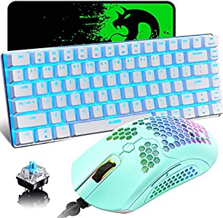 Gaming Keyboard and Mouse,3 in 1 Gaming Set,Blue LED Backlit Wired Gaming Keyboard,RGB Backlit 12000 DPI Lightweight Gaming Mouse with Honeycomb Shell,Large Mouse Pad for PC Game(Macaron Green)