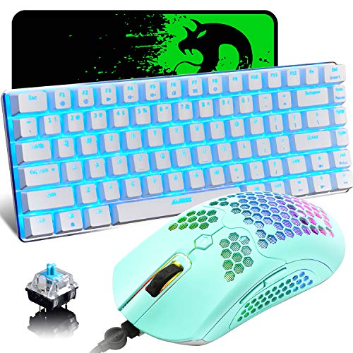 Gaming Keyboard and Mouse,3 in 1 Gaming Set,Blue LED Backlit Wired Gaming Keyboard,RGB Backlit 12000 DPI Lightweight Gaming Mouse with Honeycomb Shell,Large Mouse Pad for PC Game(Macaron Green)