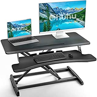 Height Adjustable 34.6 inch Standing Desk Converter, Ohuhu Sit to Stand Up Desk Riser - Home Office Desk Workstation for Dual Monitors and Laptop with Removal Keyboard Tray, Gas Spring Lift - Black