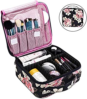 Makeup Bag Travel Cosmetic Bag for Women Nylon Cute Makeup Case Large Professional Cosmetic Train Case Organizer with Adjustable Dividers for Cosmetics Make Up Tools Toiletry Jewelry,Dark Blue Peony