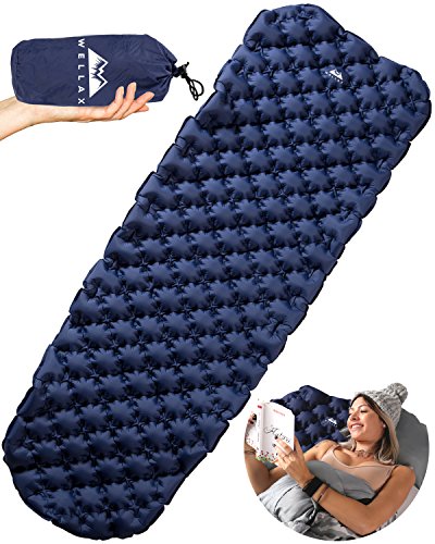 WELLAX Ultralight Air Sleeping Pad - Inflatable Camping Mat for Backpacking, Traveling and Hiking Air Cell Design for Better Stability & Support -Best Sleeping Pad (Blue)