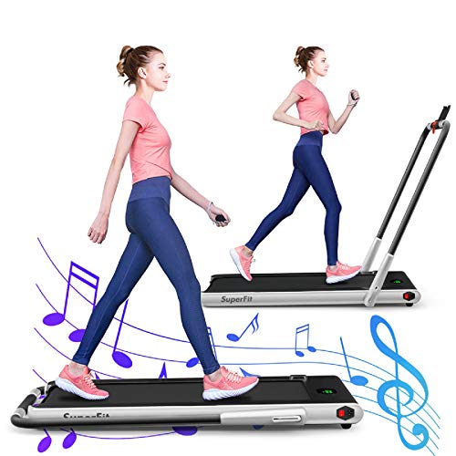 GYMAX Folding Treadmill, 2 in 1 Under Desk Electric Running Machine with Bluetooth & LED Screen, Portable Walking Machine for Home, Office, Gym (Silver)