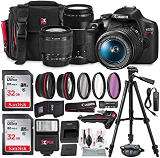 Canon T7 EOS Rebel DSLR Camera with 18-55mm and 75-300mm Lenses Kit + UV Filter Set + Tripods + Flash & 32GB Dual SD Card Accessory Bundle