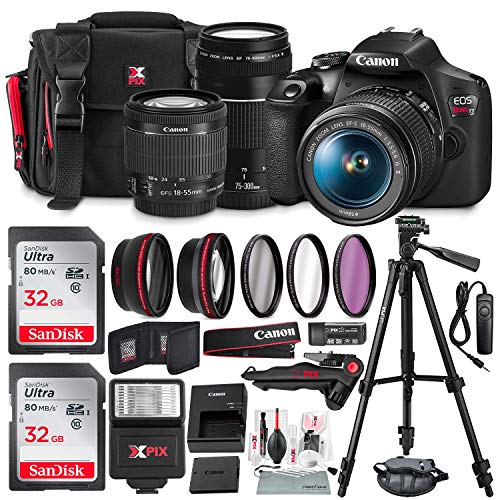 Canon T7 EOS Rebel DSLR Camera with 18-55mm and 75-300mm Lenses Kit + UV Filter Set + Tripods + Flash & 32GB Dual SD Card Accessory Bundle