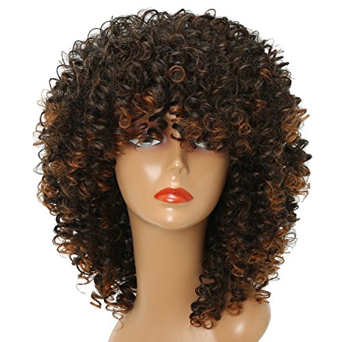XINRAN Omber Brown Kinky Curly Wig for Black Women,Short Curly Afro Wigs with Bangs,Synthetic African American Full Hair Wig 14inch