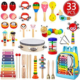 AOKIWO Kids Musical Instruments, 33 PCS 20 Types Wooden Instruments Tambourine Xylophone Toys for Kids Children, Preschool Educational Learning Musical Toys for Boys Girls with Storage Baakpack