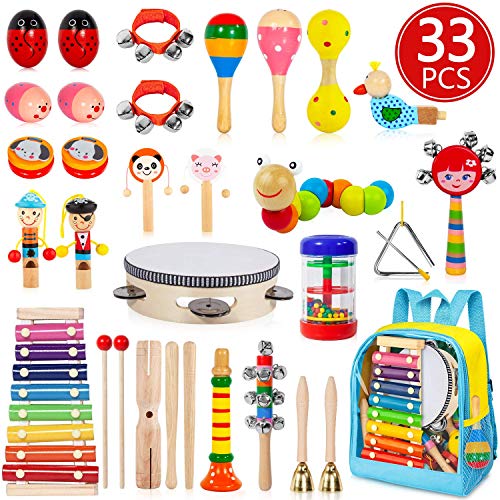 AOKIWO Kids Musical Instruments, 33 PCS 20 Types Wooden Instruments Tambourine Xylophone Toys for Kids Children, Preschool Educational Learning Musical Toys for Boys Girls with Storage Baakpack