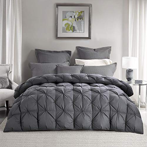 HOMBYS Goose Down Comforter King Size Duvet Insert All Season Down Feather Comforter, Grey Pinch Pleat Design 100% Cotton Shell 54 OZ Fill Weight, Hypo-allergenic Down Proof with 8 Corner Loops