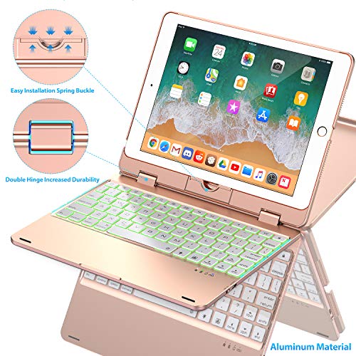 Phixnozar F1 Keyboard Case Compatible with iPad 2018 (6th Gen)/2017 (5th Gen)/Pro 9.7/Air 2 & 1 | Double-Rotating Hinge & Aluminum Keyboard/Case | Colorful Backlit Keys & Long Working Time (Rose Gold)