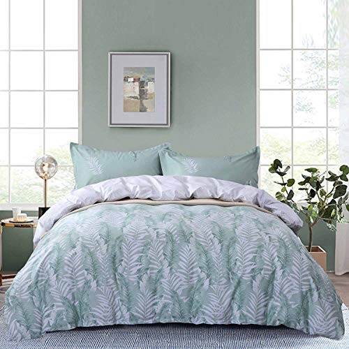 NANKO Green Leaf Queen Duvet Cover Set 100% Cotton, 3pc 90x90 Light Leaves Nature Print Pattern Soft Bedding Down Comforter Quilt Covers with Zip Tie- Modern Country Farmhouse for Men Women Teen Teal