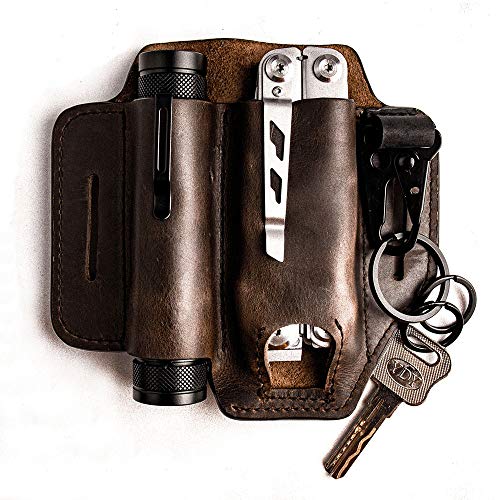 Gentlestache Leather Sheath for Leatherman Multitool Sheath EDC Pocket Organizer with Key Holder for Belt and Flashlight Sheath Multitool Pouch Dark Brown