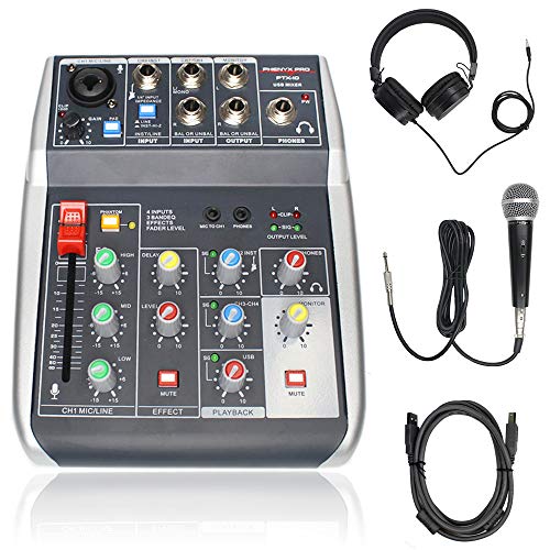 Phenyx Pro USB Audio Interface Audio Mixer Bundle, 4-Input, 3-Band EQ, Echo Effects, w/Dynamic Mic + Stereo Headphone + XLR Cable, for Live Streaming, Recording (PTX-10B)