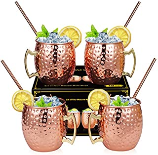 Hossejoy Moscow Mule Copper Mugs - Set of 4 -100% Handcrafted Solid Copper Mugs, 16 oz Copper Cups with 4 Cocktail Copper Straws