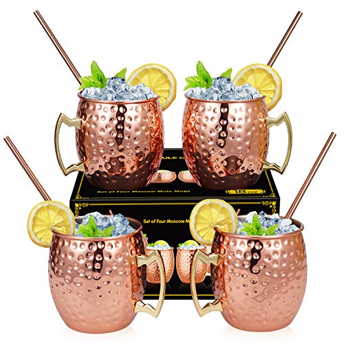 Hossejoy Moscow Mule Copper Mugs - Set of 4 -100% Handcrafted Solid Copper Mugs, 16 oz Copper Cups with 4 Cocktail Copper Straws