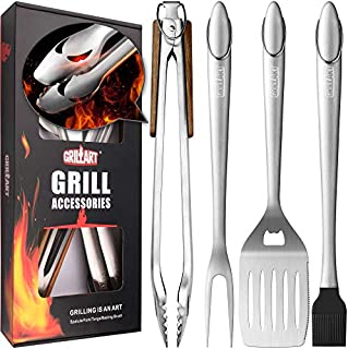 GRILLART Heavy Duty BBQ Grill Tools Set. Snake-Eyes Design Stainless Steel Grill Utensils Kit - 18 Locking Tongs, Spatula, Fork, Basting Brush. Best Barbecue Grilling Accessories, Gift for Men