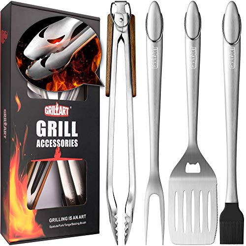 GRILLART Heavy Duty BBQ Grill Tools Set. Snake-Eyes Design Stainless Steel Grill Utensils Kit - 18 Locking Tongs, Spatula, Fork, Basting Brush. Best Barbecue Grilling Accessories, Gift for Men