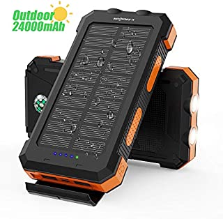 Solar Power Bank X-DRAGON 24000mAh Waterproof Portable Solar Charger with Dual Inputs(USB-C & Micro), Dual Flashlights, Compass for iPhone, iPad, Samsung, Cell Phones, Outdoors, Camping