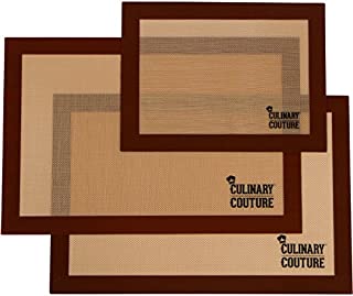 Culinary Couture Silicone Baking Mat Set (3) Non-Stick Cookie Sheets - 2 Half Sheets and 1 Quarter Sheet - Baking Sheets for Bread Making Pastry Macarons Biscuit Buns - 16-5/8 x 11 Inch - Bonus Ebook